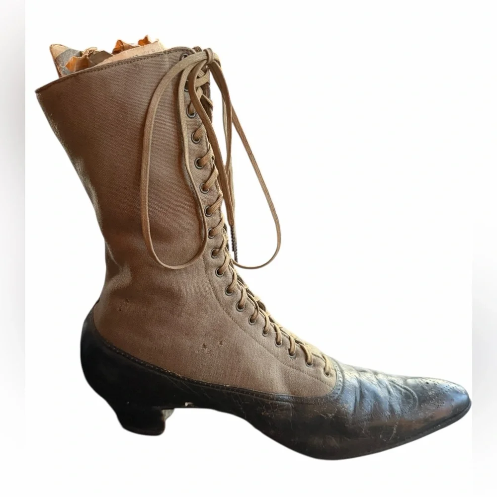 Late Victorian/Edwardian 1890-1910s High-Top Lace-Up Canvas‎ Upper Shaft Louis H